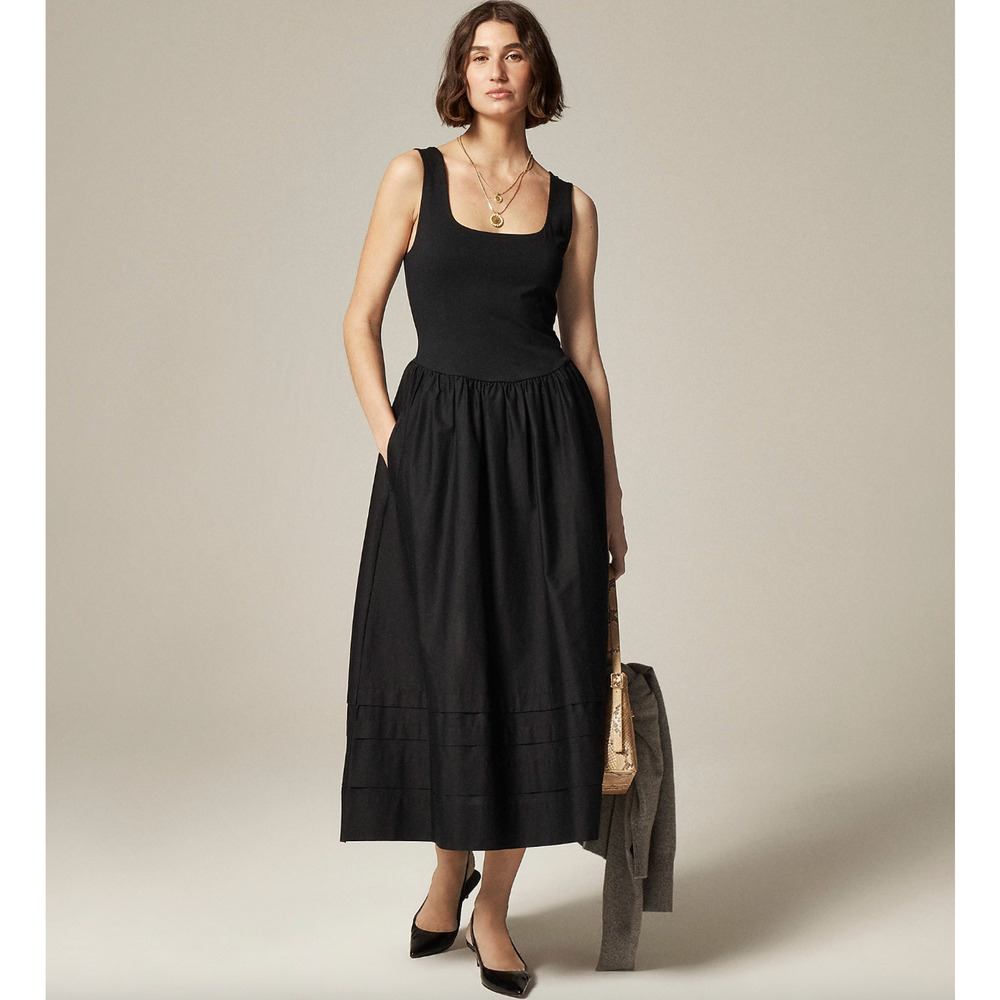 J.Crew Drop Waist Mixy Dress Midi Cotton A Line Minimalist Black Small NWT